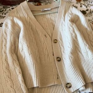 Zara Cream Cable Knit Cardigan Sweater